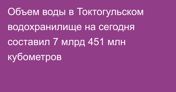 Объем воды в Токтогульском водохранилище на сегодня составил 7 млрд 451 млн кубометров