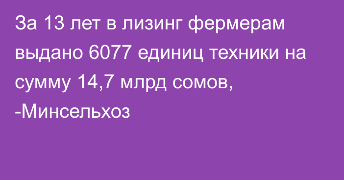 За 13 лет в лизинг фермерам выдано 6077 единиц техники на сумму 14,7 млрд сомов, -Минсельхоз