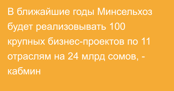 В ближайшие годы Минсельхоз будет реализовывать 100 крупных бизнес-проектов по 11 отраслям на 24 млрд сомов, - кабмин