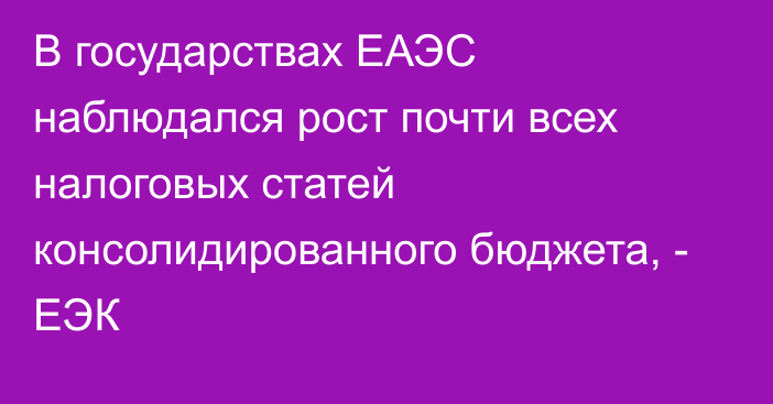 В государствах ЕАЭС наблюдался рост почти всех налоговых статей консолидированного бюджета, - ЕЭК