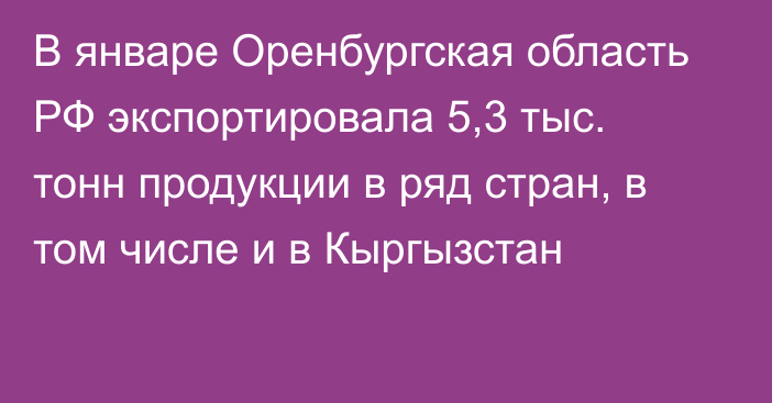 В январе Оренбургская область РФ экспортировала 5,3 тыс. тонн продукции в ряд стран, в том числе и в Кыргызстан