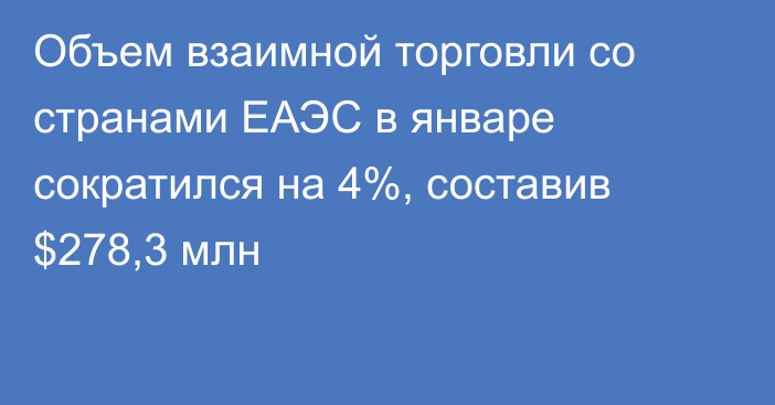 Объем взаимной торговли со странами ЕАЭС в январе сократился на 4%, составив $278,3 млн