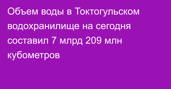 Объем воды в Токтогульском водохранилище на сегодня составил 7 млрд 209 млн кубометров