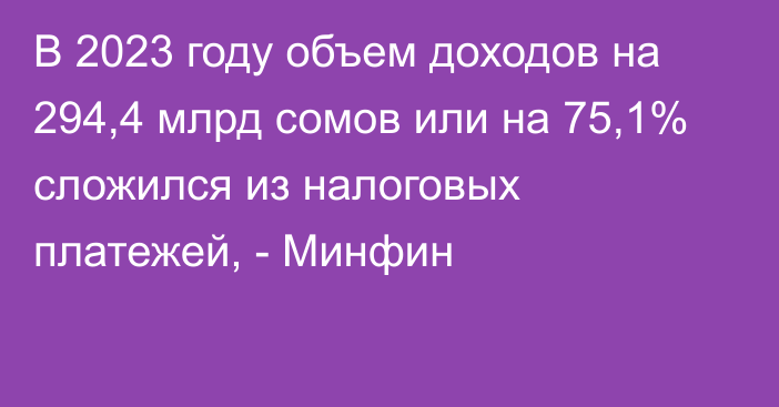 В 2023 году объем доходов на 294,4 млрд сомов или на 75,1% сложился из налоговых платежей, - Минфин