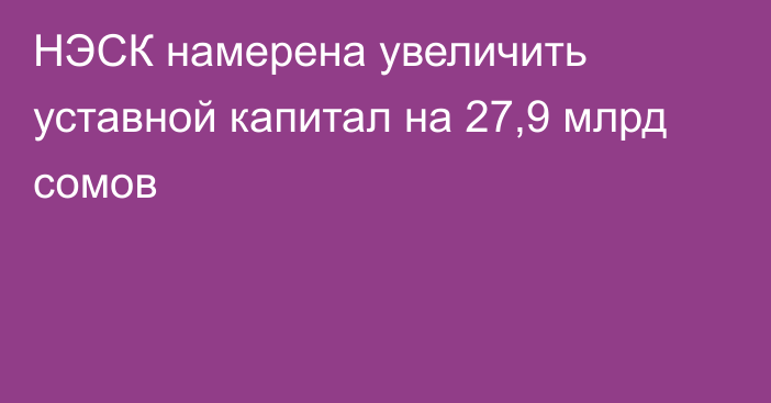 НЭСК намерена увеличить уставной капитал на 27,9 млрд сомов