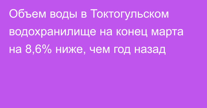 Объем воды в Токтогульском водохранилище на конец марта на 8,6% ниже, чем год назад