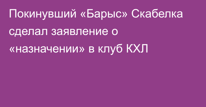 Покинувший «Барыс» Скабелка сделал заявление о «назначении» в клуб КХЛ