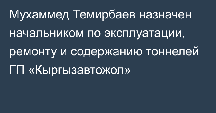 Мухаммед Темирбаев назначен начальником по эксплуатации, ремонту и содержанию тоннелей ГП «Кыргызавтожол»