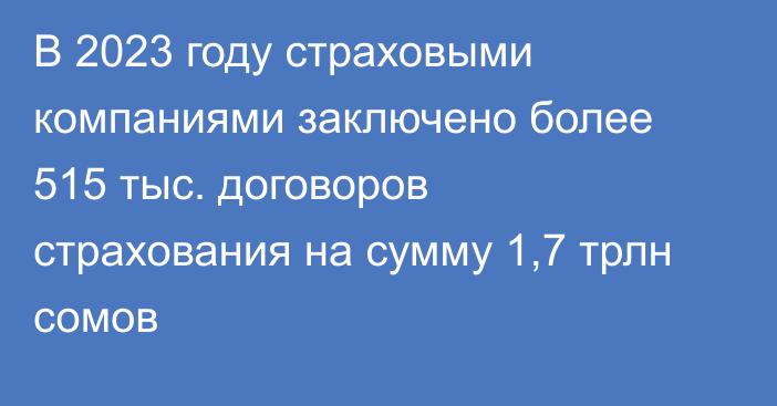 В 2023 году страховыми компаниями заключено более 515 тыс. договоров страхования на сумму 1,7 трлн сомов