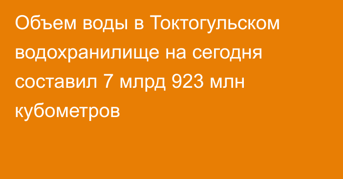 Объем воды в Токтогульском водохранилище на сегодня составил 7 млрд 923 млн кубометров