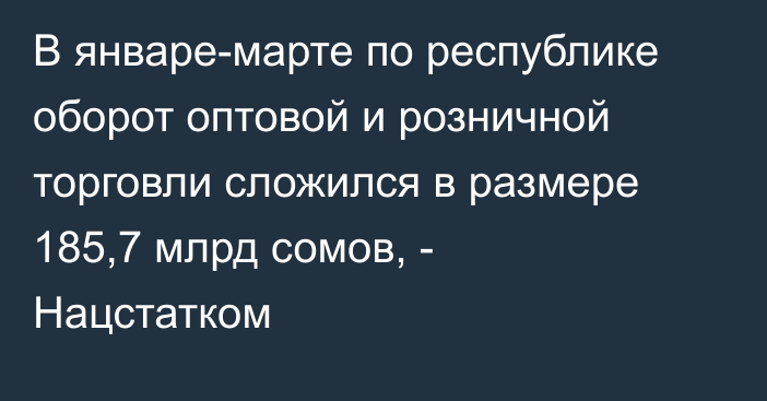 В январе-марте по республике оборот оптовой и розничной торговли сложился в размере 185,7 млрд сомов, - Нацстатком