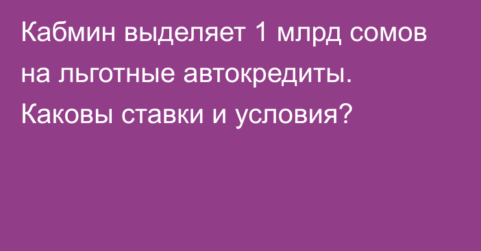 Кабмин выделяет 1 млрд сомов на льготные автокредиты. Каковы ставки и условия?