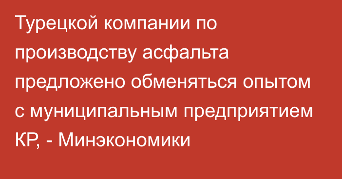 Турецкой компании по производству асфальта предложено обменяться опытом с муниципальным предприятием КР, - Минэкономики