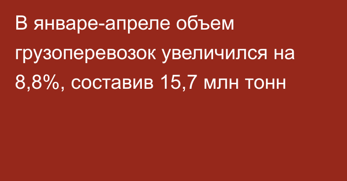 В январе-апреле объем грузоперевозок увеличился на 8,8%, составив 15,7 млн тонн