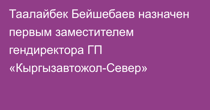 Таалайбек Бейшебаев назначен первым заместителем гендиректора ГП «Кыргызавтожол-Север»