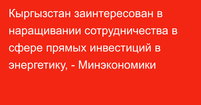 Кыргызстан заинтересован в наращивании сотрудничества в сфере прямых инвестиций в энергетику, - Минэкономики