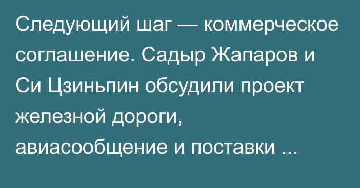 Следующий шаг — коммерческое соглашение. Садыр Жапаров и Си Цзиньпин обсудили проект железной дороги, авиасообщение и поставки продовольствия в Китай