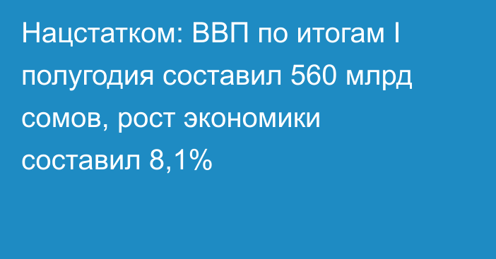 Нацстатком: ВВП по итогам I полугодия составил 560 млрд сомов, рост экономики составил 8,1%