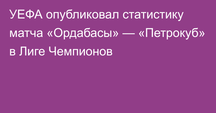 УЕФА опубликовал статистику матча «Ордабасы» — «Петрокуб» в Лиге Чемпионов