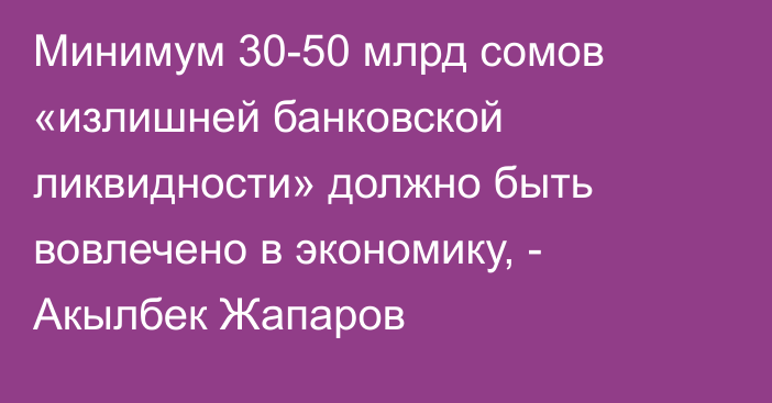 Минимум 30-50 млрд сомов «излишней банковской ликвидности» должно быть вовлечено в экономику, - Акылбек Жапаров