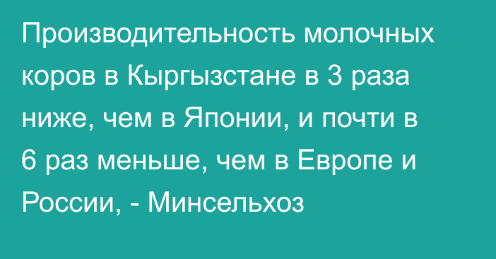 Производительность молочных коров в Кыргызстане в 3 раза ниже, чем в Японии, и почти в 6 раз меньше, чем в Европе и России, - Минсельхоз