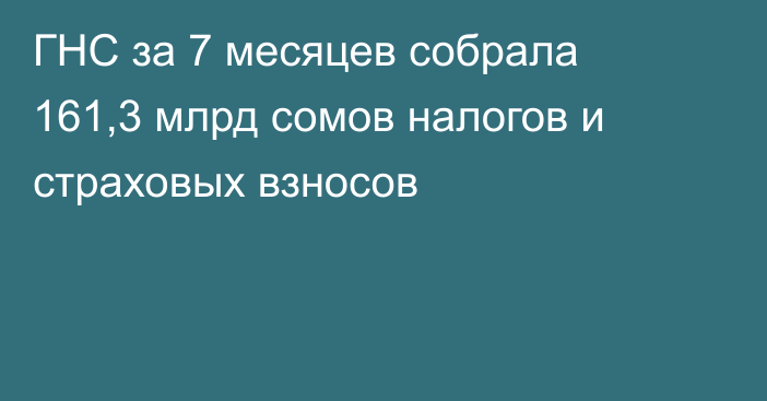 ГНС за 7 месяцев собрала 161,3 млрд сомов налогов и страховых взносов