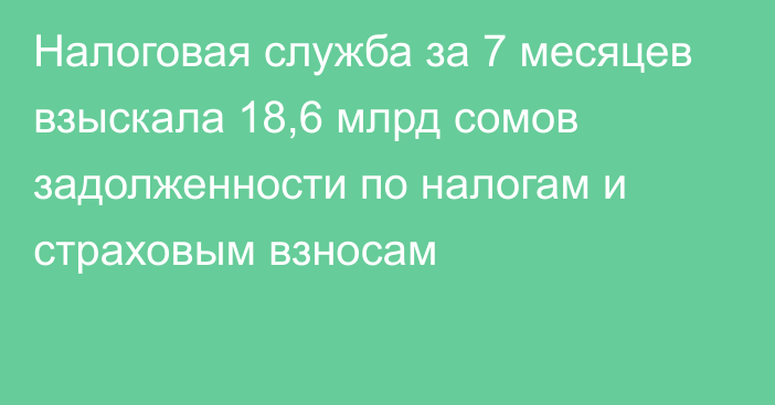 Налоговая служба за 7 месяцев взыскала 18,6 млрд сомов задолженности по налогам и страховым взносам