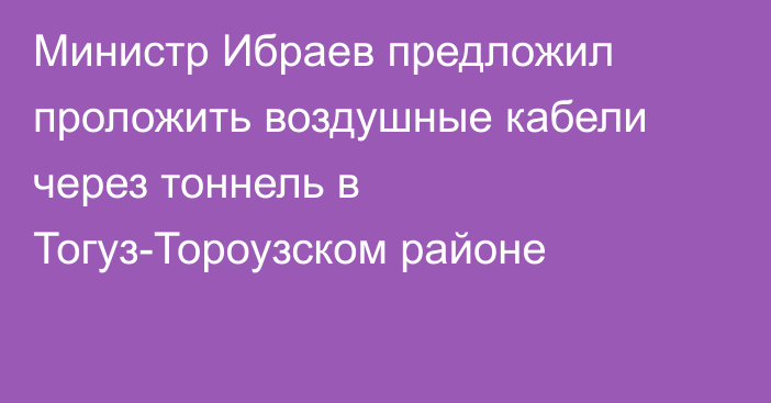 Министр Ибраев предложил проложить воздушные кабели через тоннель в Тогуз-Тороузском районе