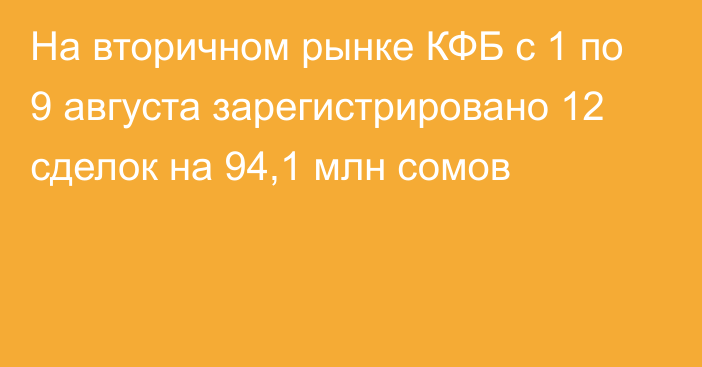 На вторичном рынке КФБ с 1 по 9 августа зарегистрировано 12 сделок на 94,1 млн сомов