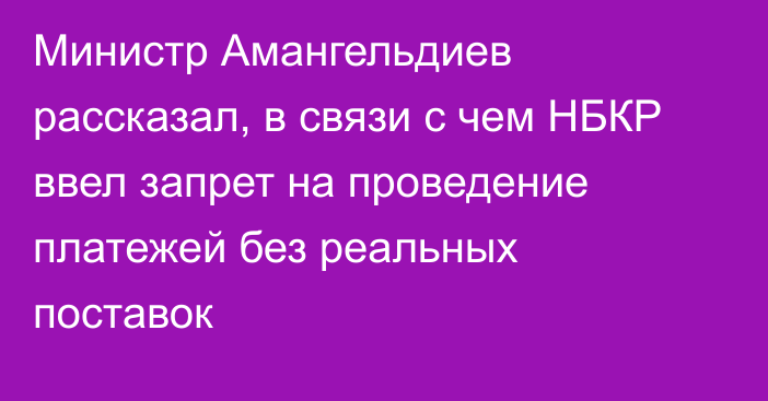 Министр Амангельдиев рассказал, в связи с чем НБКР ввел запрет на проведение платежей без реальных поставок