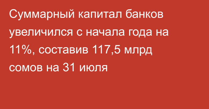 Суммарный капитал банков увеличился с начала года на 11%, составив 117,5 млрд сомов  на 31 июля