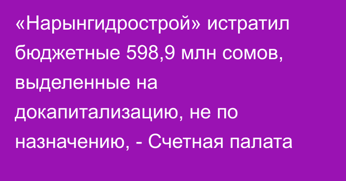 «Нарынгидрострой» истратил бюджетные 598,9 млн сомов, выделенные на докапитализацию, не по назначению, - Счетная палата