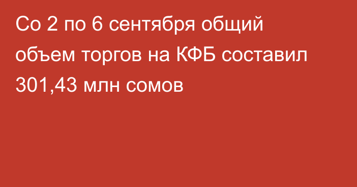 Со 2 по 6 сентября общий объем торгов на КФБ составил 301,43 млн сомов