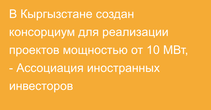 В Кыргызстане создан консорциум для реализации проектов мощностью от 10 МВт, - Ассоциация иностранных инвесторов