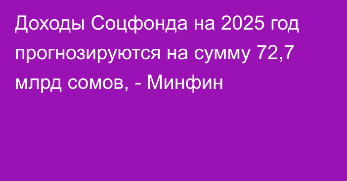 Доходы Соцфонда на 2025 год прогнозируются на сумму 72,7 млрд сомов, - Минфин