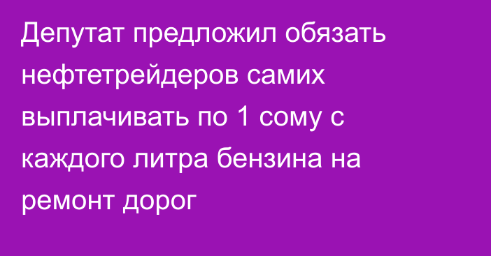 Депутат предложил обязать нефтетрейдеров самих выплачивать по 1 сому с каждого литра бензина на ремонт дорог 