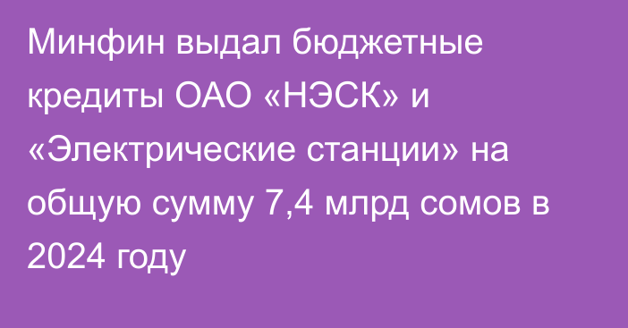 Минфин выдал бюджетные кредиты ОАО «НЭСК» и «Электрические станции» на общую сумму 7,4 млрд сомов в 2024 году