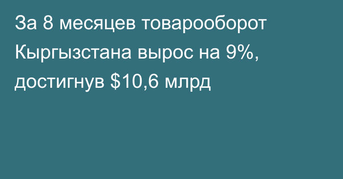 За 8 месяцев товарооборот Кыргызстана вырос на 9%, достигнув $10,6 млрд