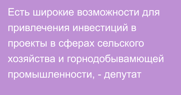 Есть широкие возможности для привлечения инвестиций в проекты в сферах сельского хозяйства и горнодобывамющей промышленности, - депутат