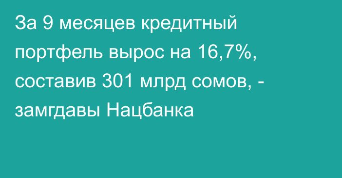 За 9 месяцев кредитный портфель вырос на 16,7%, составив 301 млрд сомов, - замгдавы Нацбанка