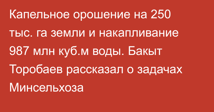 Капельное орошение на 250 тыс. га земли и накапливание 987 млн куб.м воды. Бакыт Торобаев рассказал о задачах Минсельхоза