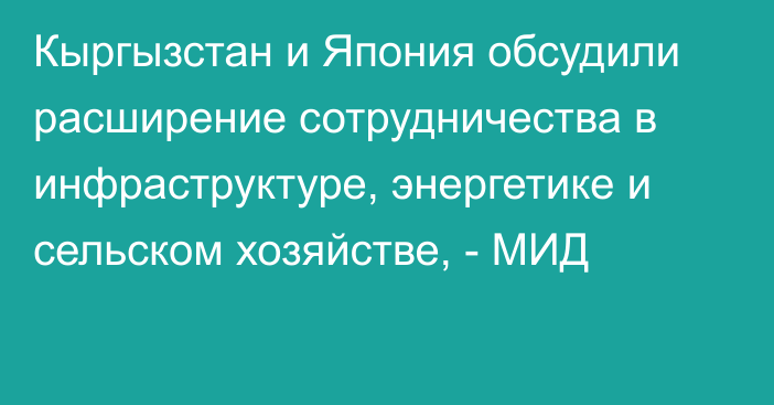 Кыргызстан и Япония обсудили расширение сотрудничества в инфраструктуре, энергетике и сельском хозяйстве, - МИД