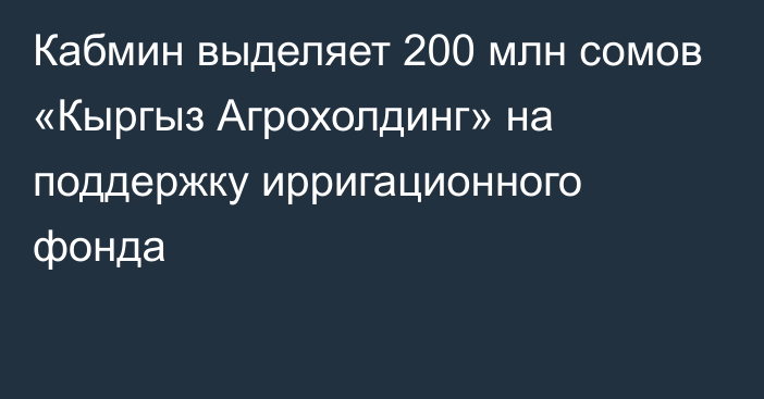 Кабмин выделяет 200 млн сомов  «Кыргыз Агрохолдинг» на поддержку ирригационного фонда