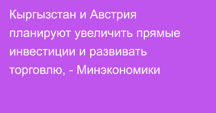 Кыргызстан и Австрия планируют увеличить прямые инвестиции и развивать торговлю, - Минэкономики