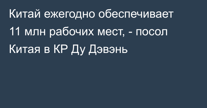 Китай ежегодно обеспечивает 11 млн рабочих мест, - посол Китая в КР Ду Дэвэнь