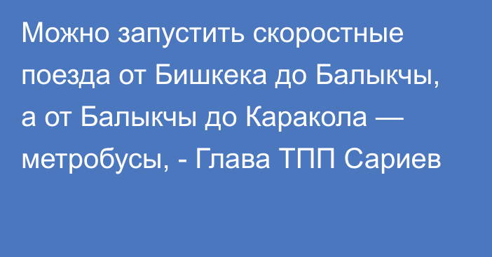 Можно запустить скоростные поезда от Бишкека до Балыкчы, а от Балыкчы до Каракола — метробусы, - Глава ТПП Сариев