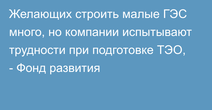 Желающих строить малые ГЭС много, но компании испытывают трудности при подготовке ТЭО, - Фонд развития