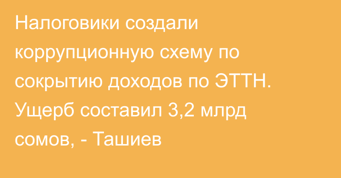 Налоговики создали коррупционную схему по сокрытию доходов по ЭТТН. Ущерб составил 3,2 млрд сомов, - Ташиев