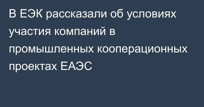 В ЕЭК рассказали об условиях участия компаний в промышленных кооперационных проектах ЕАЭС