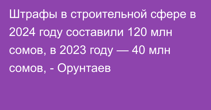 Штрафы в строительной сфере в 2024 году составили 120 млн сомов, в 2023 году — 40 млн сомов, - Орунтаев